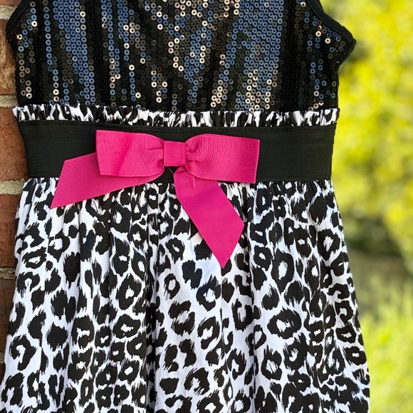 American Princess Black Sequin & Leopard Print Party Dress with Pink Bow - Picture 2 of 4